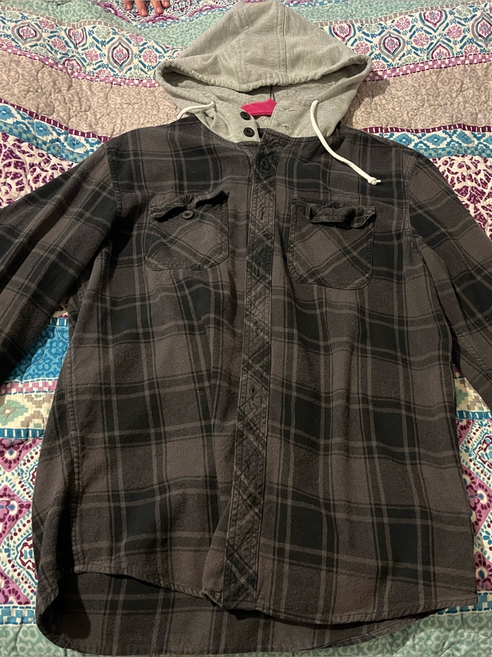 Gray & Black Plaid Hooded Flannel Shirt Jacket